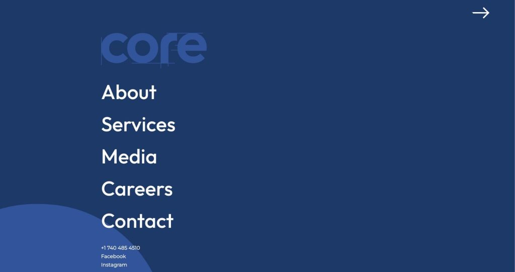 Mega menu of CORE's construction website