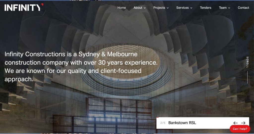 Infinity construction website homepage hero