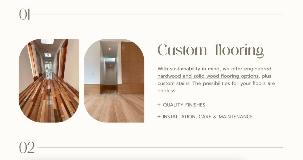 Services page of Nehalem Hardwoods construction website design