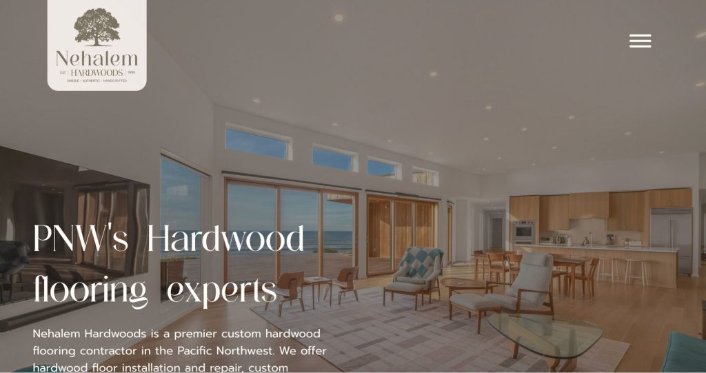 Homepage hero of Nehalem Hardwoods construction website design