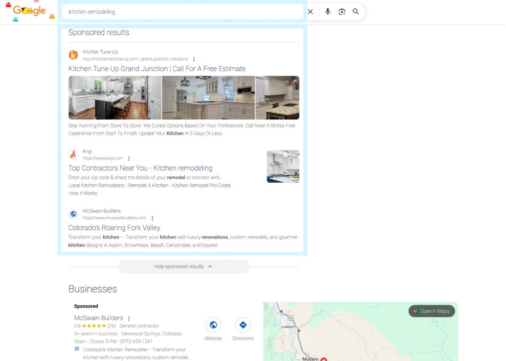 Google PPC ads showing for a "kitchen remodeling" search on Google