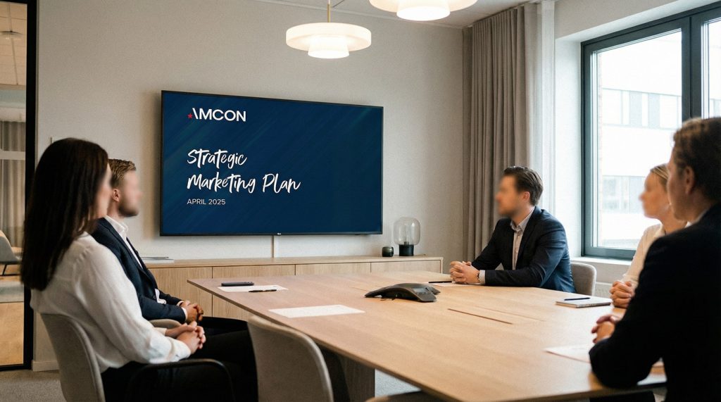 Executive team in a board room reviewing a strategic marketing plan for a construction company
